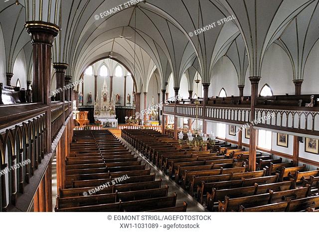 Interior of the historic wooden Church of La Verniere, L'Etang du Nord, Ile du Cap aux Meules, Iles de la Madeleine, Madeleine Islands, Quebec Maritime, Canada
