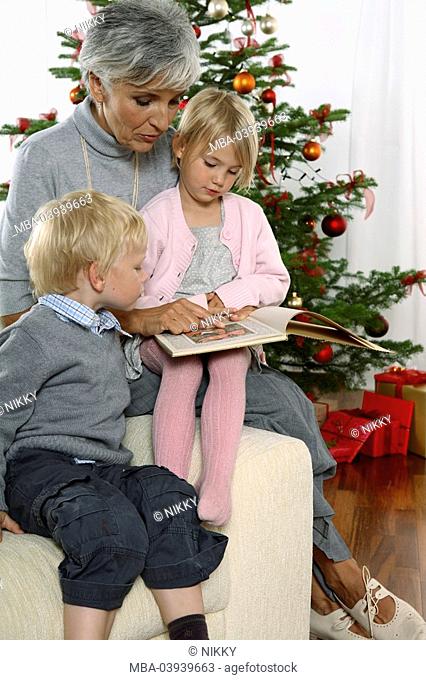 Read, christmas-tree, grandmother, grandchildren, portrait, book, background