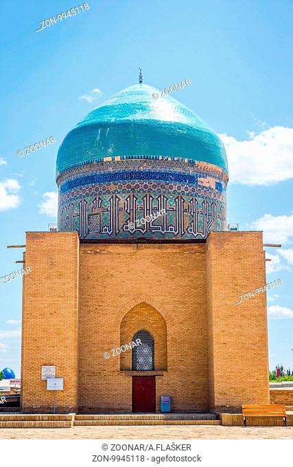 View on blue mosaic dome of Turkistan Khoja Ahmed Yasawi mausoleum, Kazakhstan