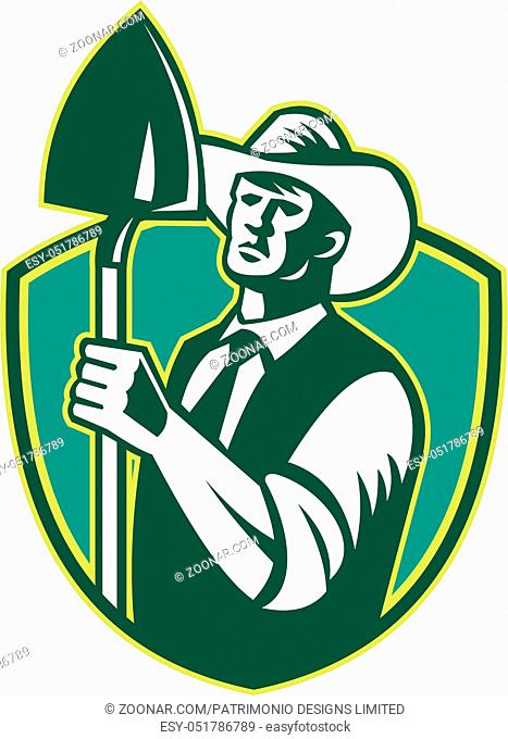 Illustration of organic farmer holding shovel set inside shield crest on isolated background done in retro woodcut style