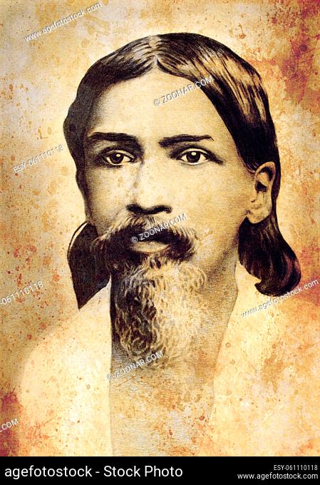 Sri Aurobindo Ghos Indian guru , Drawing on paper. Drawing according to an old photo. And old vintage paper structure, Sepia variant