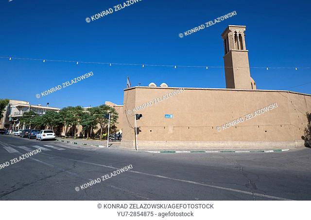 Characteristic wind catcher tower seen from Alavi Street in Kashan city, capital of Kashan County of Iran