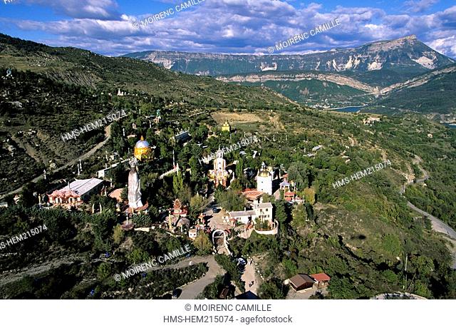 France, Alpes de Haute Provence, Mandarom towards Castillon Lake aerial view, Aumism saint town