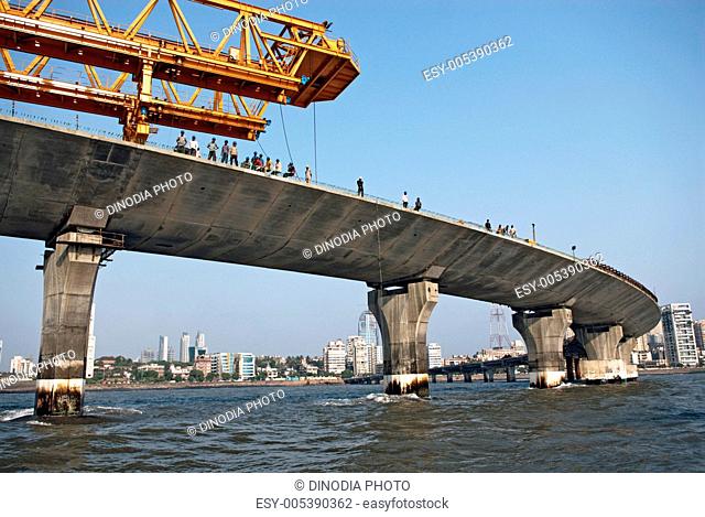 Giant iron struss used to lift last block in construction of eight lane twin carriageway cable stayed bandra worli sea link ; Bombay Mumbai ; Maharashtra  ;...