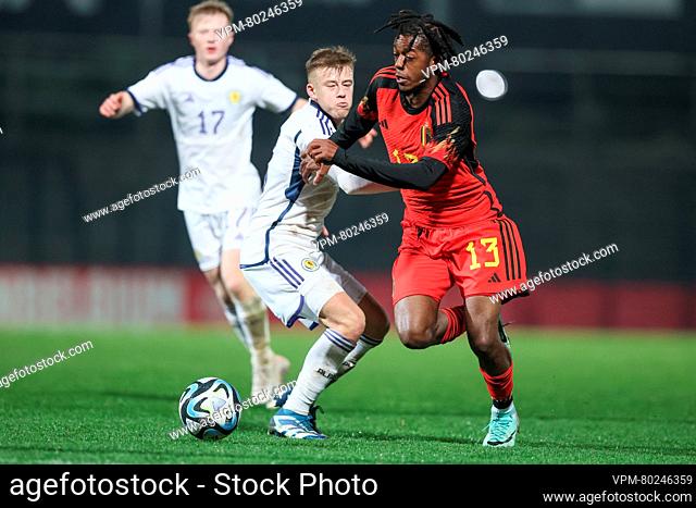 Belgium's Samuel Mbangula pictured in action during the match between the U21 youth team of the Belgian national soccer team Red Devils and the U21 of Scotland