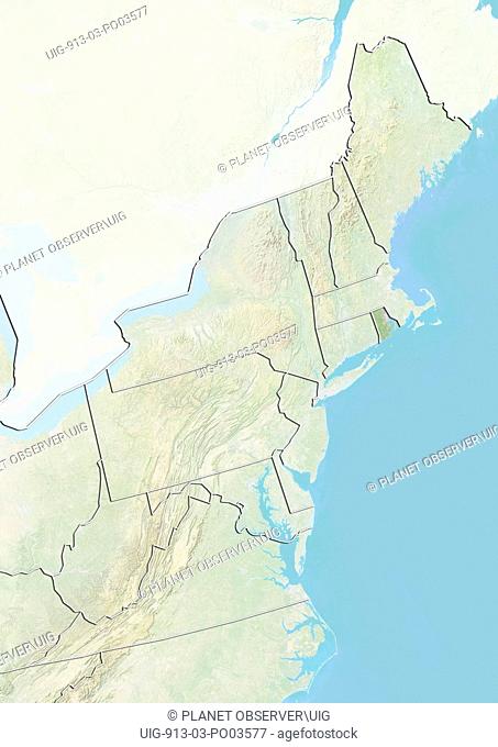 Relief map of the State of Rhode Island and Northeastern United States. This image was compiled from data acquired by LANDSAT 5 & 7 satellites combined with...