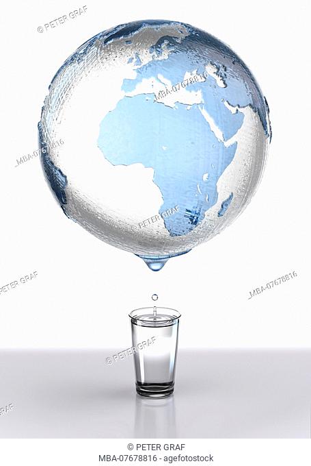 Dripping globe of water against a white background, underneath a water glass with drops on a grey background