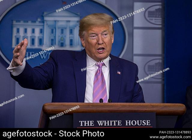 United States President Donald J. Trump speaks at the coronavirus briefing at the White House Washington, D.C., U.S., on Saturday, April 4, 2020