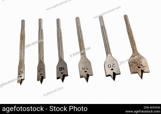 Specific various size metallic drill bits for wood with numbers isolated on white background