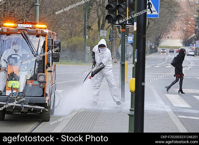 Crew of the Municipal Cleaning Company disinfect the public transport stops in Krakow due to the global coronavirus pandemic