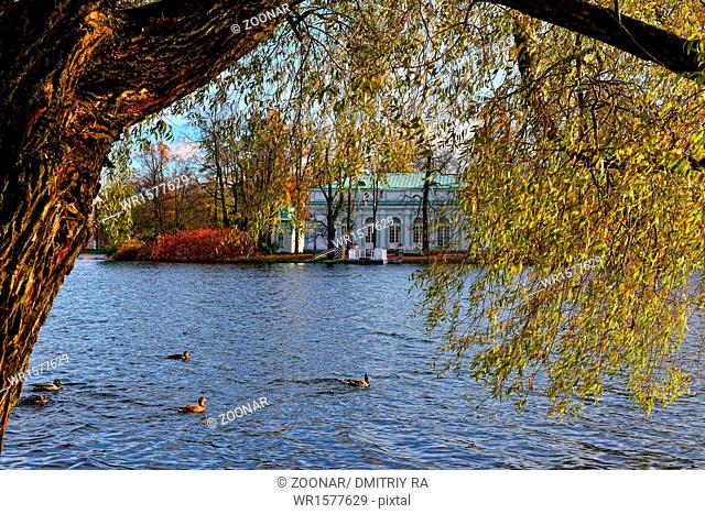 Autumn landscape with Grot pavillion in Catherine garden, Pushkin