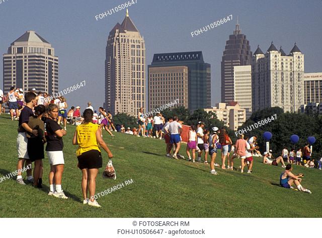 Piedmont Park, 10K Peachtree Road Race, Atlanta, running, Georgia, A crowd of people gather in Piedmont Park after the 10K Peachtree Road Race in Atlanta in the...