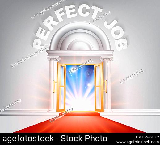 Perfect Job door concept of a fantastic white marble door with columns and a red carpet with light streaming through it