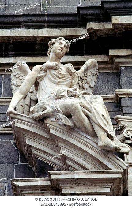 Angel, sculpture above the entrance to the Church of St Lucia, Adrano, Sicily. Italy, 18th century