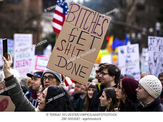 Women march for their rights and to protest against President Donald Trump on January 20, 2018. Portland, Oregon, United States