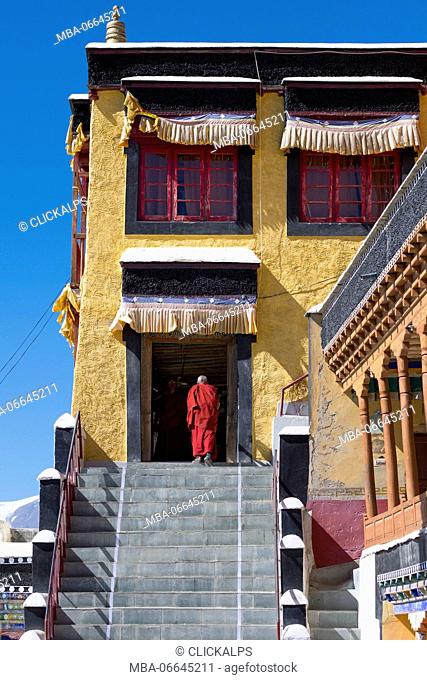 Thiksey Monastery, Indus Valley, Ladakh, India, Asia. Buddhist monk in front of temple entrance