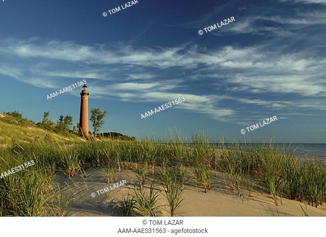 Little Sable Lighthouse; Little Sable Point; Lake Michigan Shoreline; Michigan; summer - Lighthouse on bluff overlooking sand dunes, beach