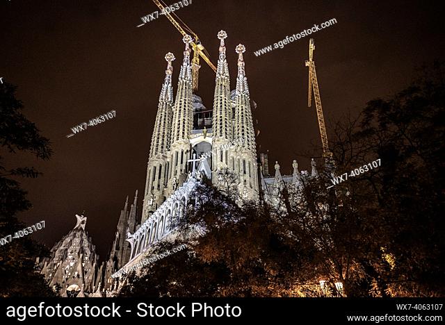 The Passion facade of the Sagrada Familia Basilica at night (Barcelona, Catalonia, Spain)