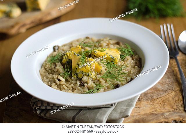 Mushroom risotto with melted blue cheese and dill