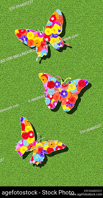 Three butterflies as a graphic, with colorful flowers on a green background