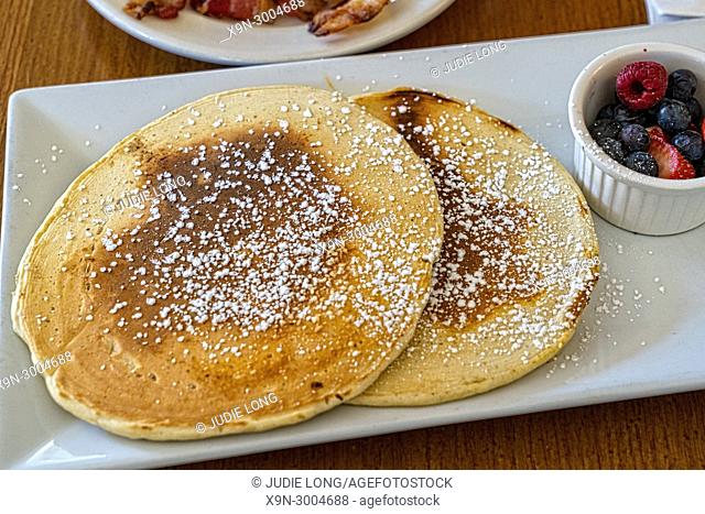 Two Pancakes, garnished with confectioner's sugar (powdered sugar), served with a small bowl of mixed berries, on a white china plate