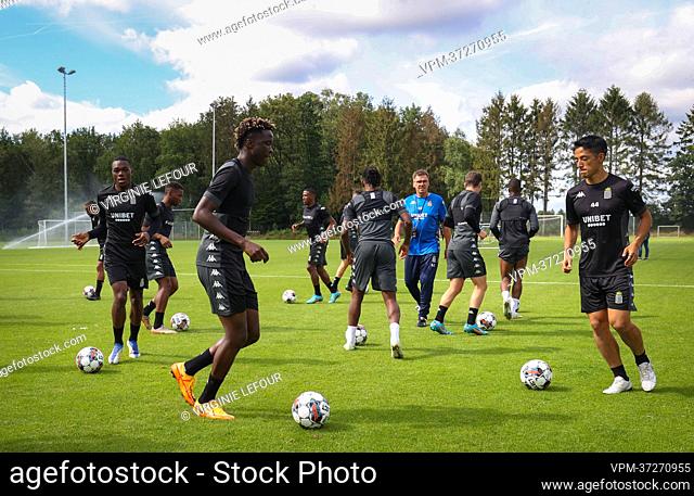 Charleroi's Youssouph Badji and Charleroi's Ryota Morioka pictured in action during a training session of Belgian first division soccer team Sporting Charleroi...