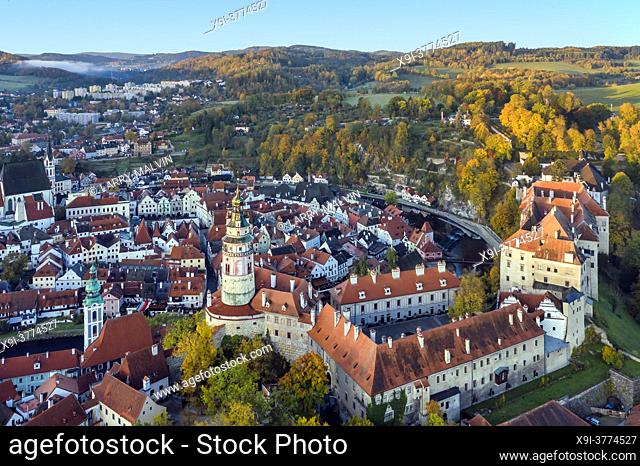 Aerial sunrise view of the picturesque, fairy tale town of Cesky Krumlov, a UNESCO-designated World Heritage Site in the South Bohemia region of the Czech...