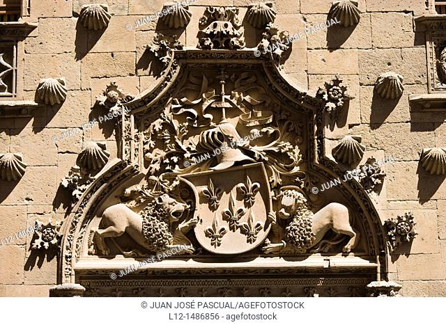 Casa de las Conchas, House of the shells, coat of arms over the front door, Salamanca, Castilla y León, Spain