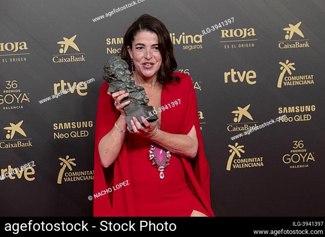 Nora Navas attends to Goya Cinema Awards 2022 red carpet at Palau de les Arts photocall on February 13, 2022 in Valencia, Spain