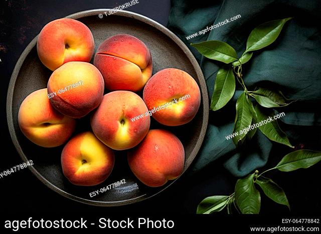 fresh ripe peaches with leaves in a bowl on a wooden table, top view