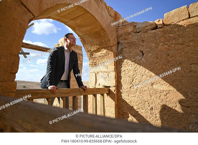 10 April 2018,  Amman, Jordan: German President of the Bundesrat Michael Mueller of the Social Democratic Party (SPD) visits the desert castle Qasr Amra