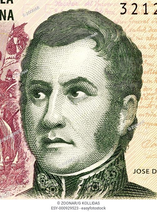 Jose de San Martin on 5 Pesos 2003 Banknote from Argentina. General and prime leader of the south part of South America's successful struggle for independence...