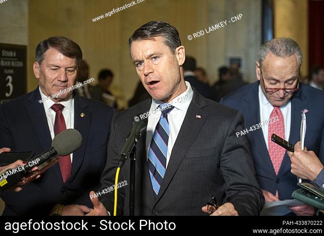 United States Senator Todd Young (Republican of Indiana), center, is joined by United States Senator Mike Rounds (Republican of South Dakota), left