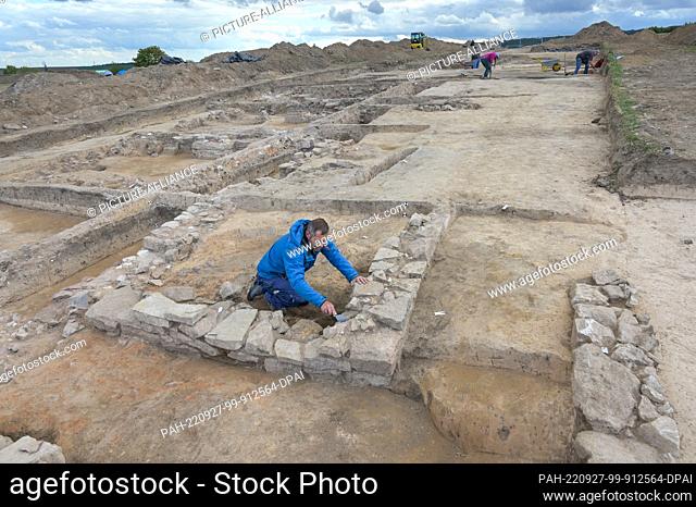 26 September 2022, Saxony-Anhalt, Helfta: Archaeologist Normen Posselt cleans the discovered wall remains of the palatium from the 10th/11th century