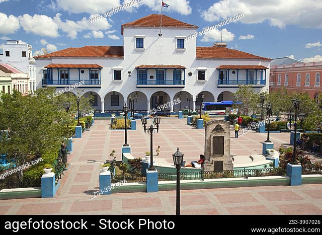 View to the Ayuntamiento-City Hall at Plaza De Cespedes at the historic center, Santiago De Cuba, Cuba, West Indies, Central America