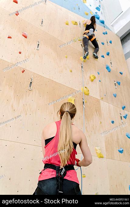 Woman with a rope securing partner on the wall in climbing gym
