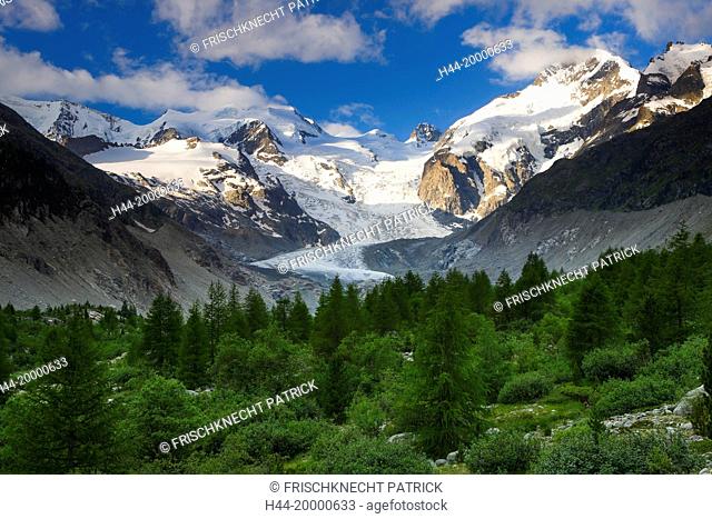 Morteratsch valley, Piz Palue, 3905 ms, Piz Bernina, 4049 ms, Biancograt, Morteratsch glacier, Grisons Switzerland