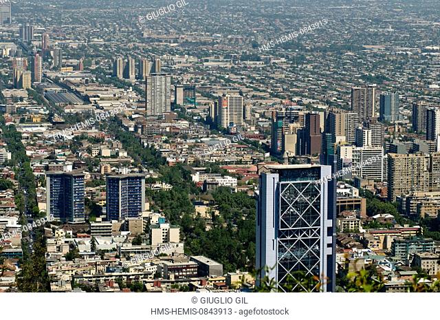 Chile, Metropolitan Region of Santiago, capital city of Santiago, view over city from hill of Metropolitan Park