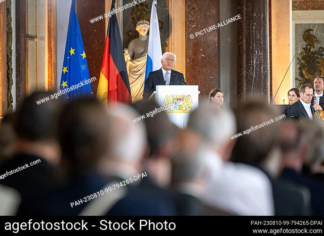 10 August 2023, Bavaria, Prien a. Chiemsee: Federal President Frank-Walter Steinmeier speaks at the ceremony marking the 75th anniversary of the Constitutional...