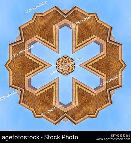 Fractal six sided star made form church front. Geometric kaleidoscope pattern on mirrored axis of symmetry reflection. Colorful shapes as a wallpaper for...