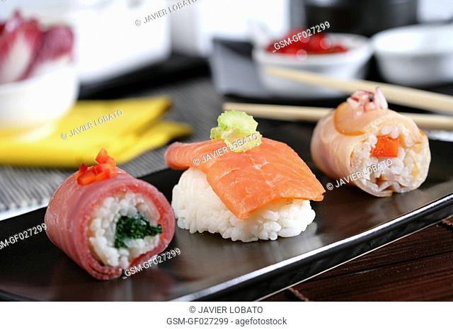 Assorted smoked fishes sushi