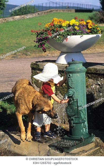 little boy at the fountain, Lormes, Nievre department, region of Burgundy, center of France, Europe
