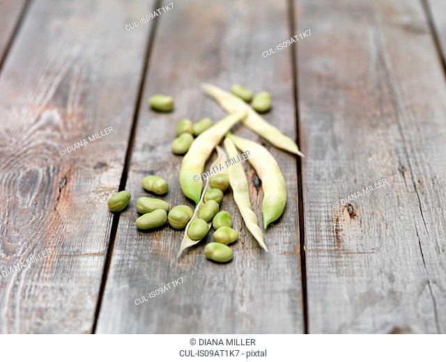 Still life of lima Beans (also known as butter beans) on wooden table