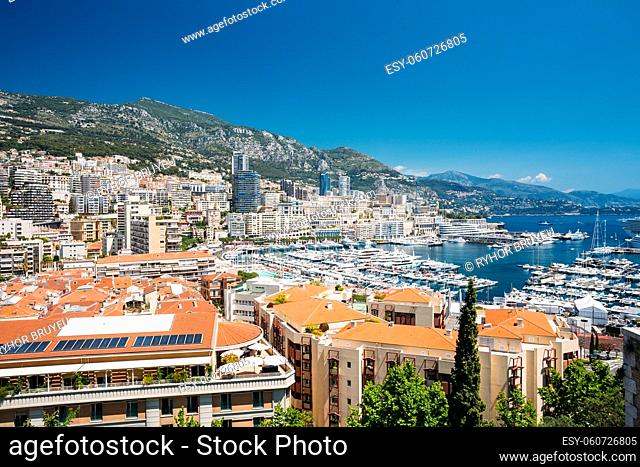City Pier, Jetty In Sunny Summer Day. Monaco, Monte Carlo architecture