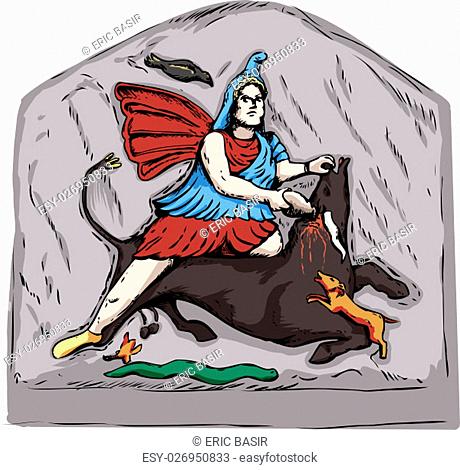 Forensic reconstruction illustration of Mithras slaying of a black bull from 4th century stone carvings in Jajce, Bosnia