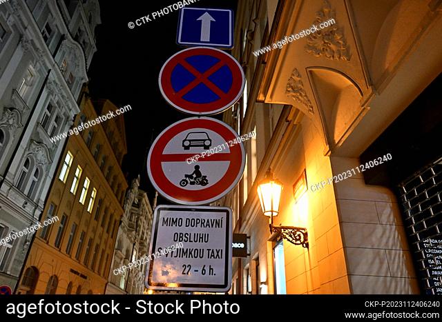 Traffic prohibition sign in Jachymova street connecting Maiselova and Parizska streets in Prague, Czech Republic, November 24, 2023