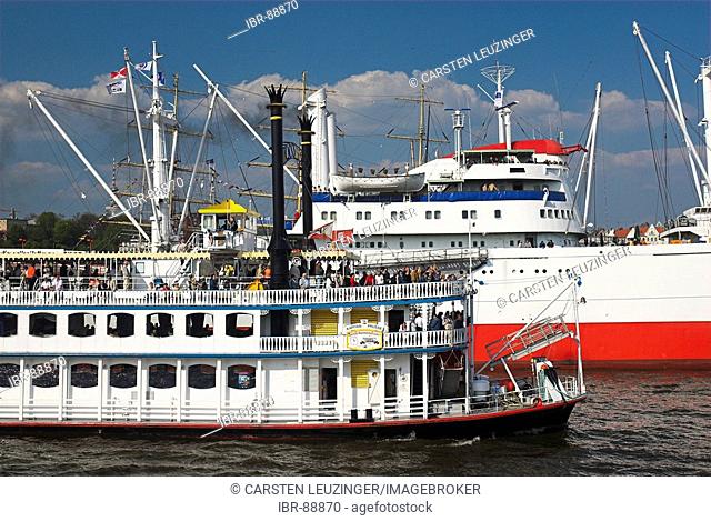 Museum ship Cap San Diego and paddle-steamer in Hamburg during the 817th anniversary of Hamburg Harbour, Hamburg, Germany