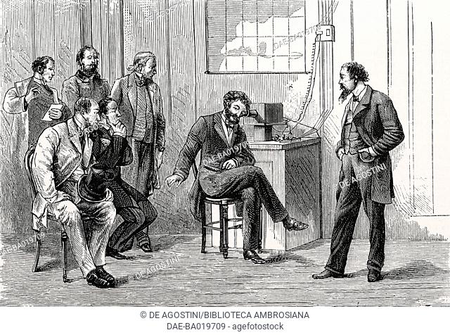 The telephone by Alexander Graham Bell: Bell's words, proclaimed in Salem, are heard by a station in Boston, 22 km away, United States of America