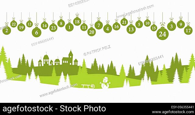 hanging christmas gifts colored green with numbers 1 to 24 showing advent calendar for xmas and winter time concepts with colored fir tree panorama background