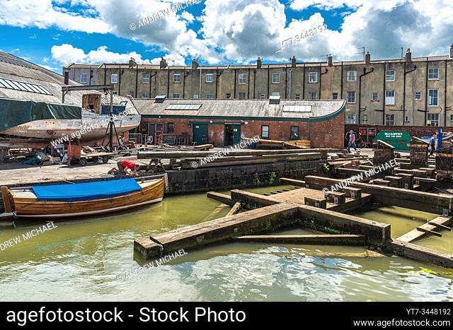 Floating Harbour at Underfall Yard with Victorian pump room, Bristol, Avon, England, UK